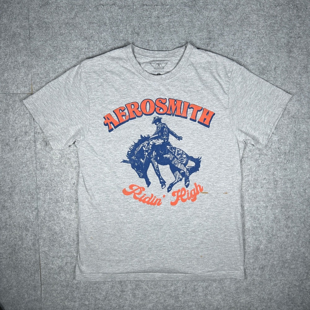 Aerosmith T Shirt Mens Large Gray Ridin High Back In The Saddle Band Tee Rock